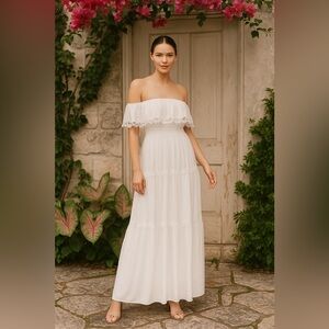 Aqua white Lace Trim Off Shoulder Evening Bridal Wedding Graduation Party Gown